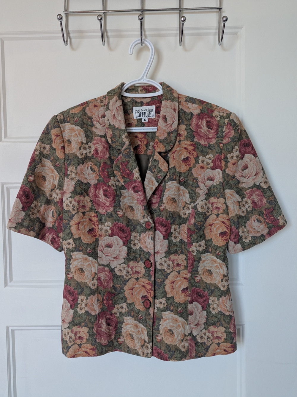 Floral Short-Sleeve Button Front Shirt - Green Rose Print - Vintage